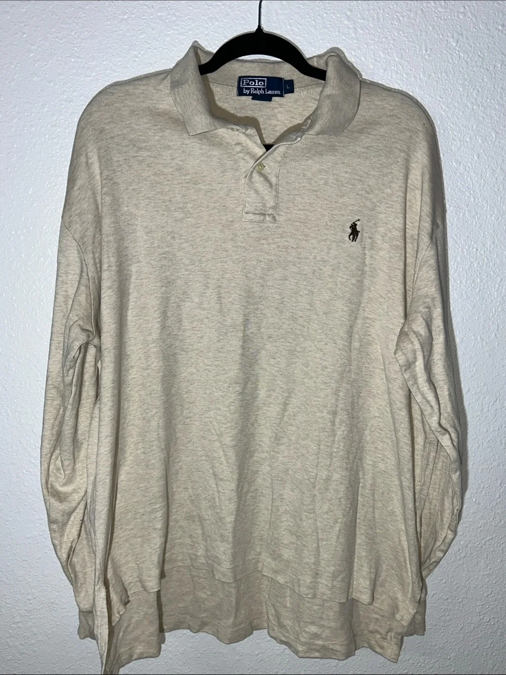 Vintage Men’s Polo by Ralph Lauren Long-Sleeve Polo Shirt - Cream/Brown Sz L
